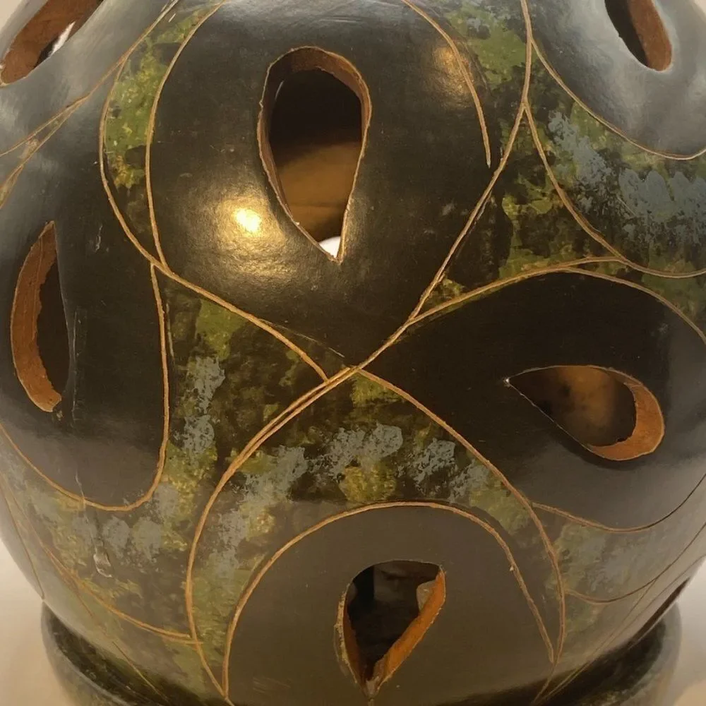 Vintage Green and Grey Nicaraguan Lattice Pierced Pottery Luminary Candle